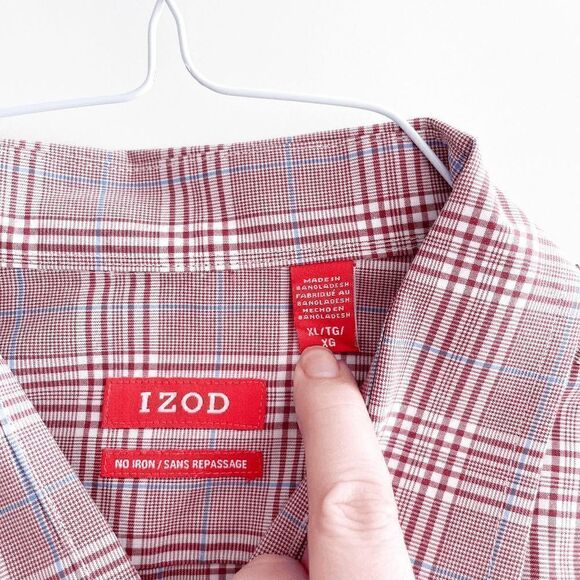 IZOD Mens No Iron Shirt Long Sleeve Button Down Red Plaid XL - Picture 6 of 8